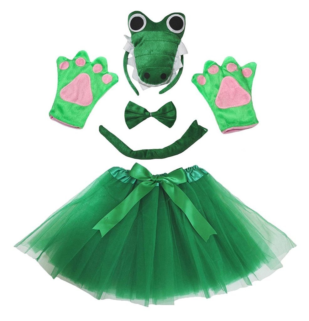 Petitebelle Cute Headband Bowtie Tail Gloves Tutu 5pc Girl Costume 1-10y (Crocodile, 1-5 Years)