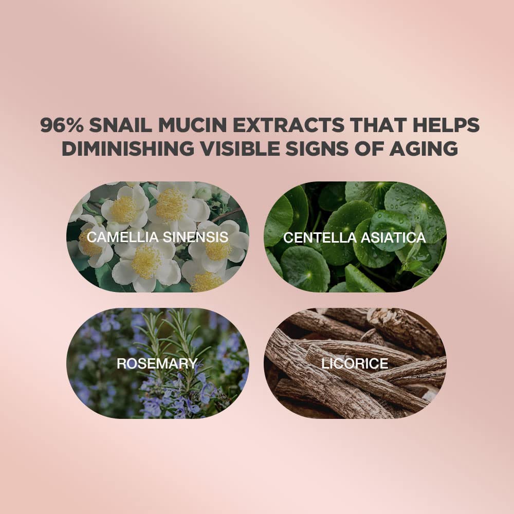 Snail Mucin Essence Serum | Advanced Snail Mucin Essence Serum | Snail Mucin Essence with High Concentrate of Snail Secretion Filtrate | Snail Serum with Natural Age-Defying Complex | Korean Essence Night Serum with 96% Snail Mucin Extracts | Korean Essence for Skin Firming Benefits | Skin Firming Snail Serum for Sensitive and All Skin Type | Formulated with Snail Mucin, Centella Asiatica and Othe