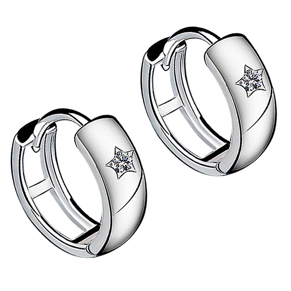 Yaneno Christmas Earrings Gift 925 Sterling Silver High Polished Star Hoop Earrings with Cubic Zirconia Small Round Hinged Earrings for Women Girls (White)