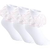 Yepami 3 Pairs Girls Ruffle Socks Big Double Lace Frilly Trim Dress Socks