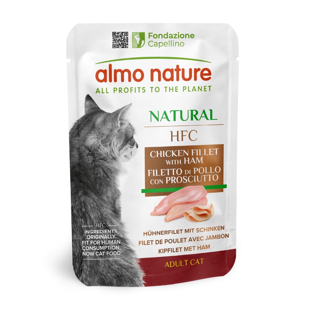 Almo Nature HFC Natural - Wet Cat Food for Adult Cats - Chicken Fillet and Ham - Human-Grade, Gluten-Free - 55g (Pack of 24)