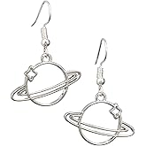 Rings of Saturn Charm Earrings, Handmade Silver Tone Planet Star Celestial Galaxy Dangle Jewelry