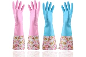 KINGFINGER Rubber Latex Waterproof Dishwashing Gloves,2 Pair Medium Long Cuff Flock Lining Household Cleaning Gloves