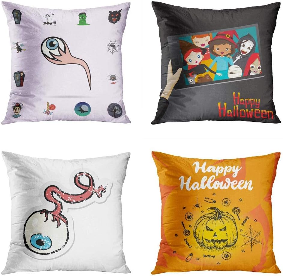 Menmek Throw Pillow Cover Decorative 18 x 18 Inch Pillow Case Eye Colored Halloween Icons Universal Ghosts Children Selfie Mystery Home Car Sofa Office Meeting Room Decor Cushion Pillowcase