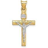 Real 14K Two-Tone Gold Latin Crucifix Cross Pendant Necklace with INRI Detail for Men and Women Christian Devotional Jewelry Faith Charm in Yellow and White Gold Spiritual Religious Fine Accessory