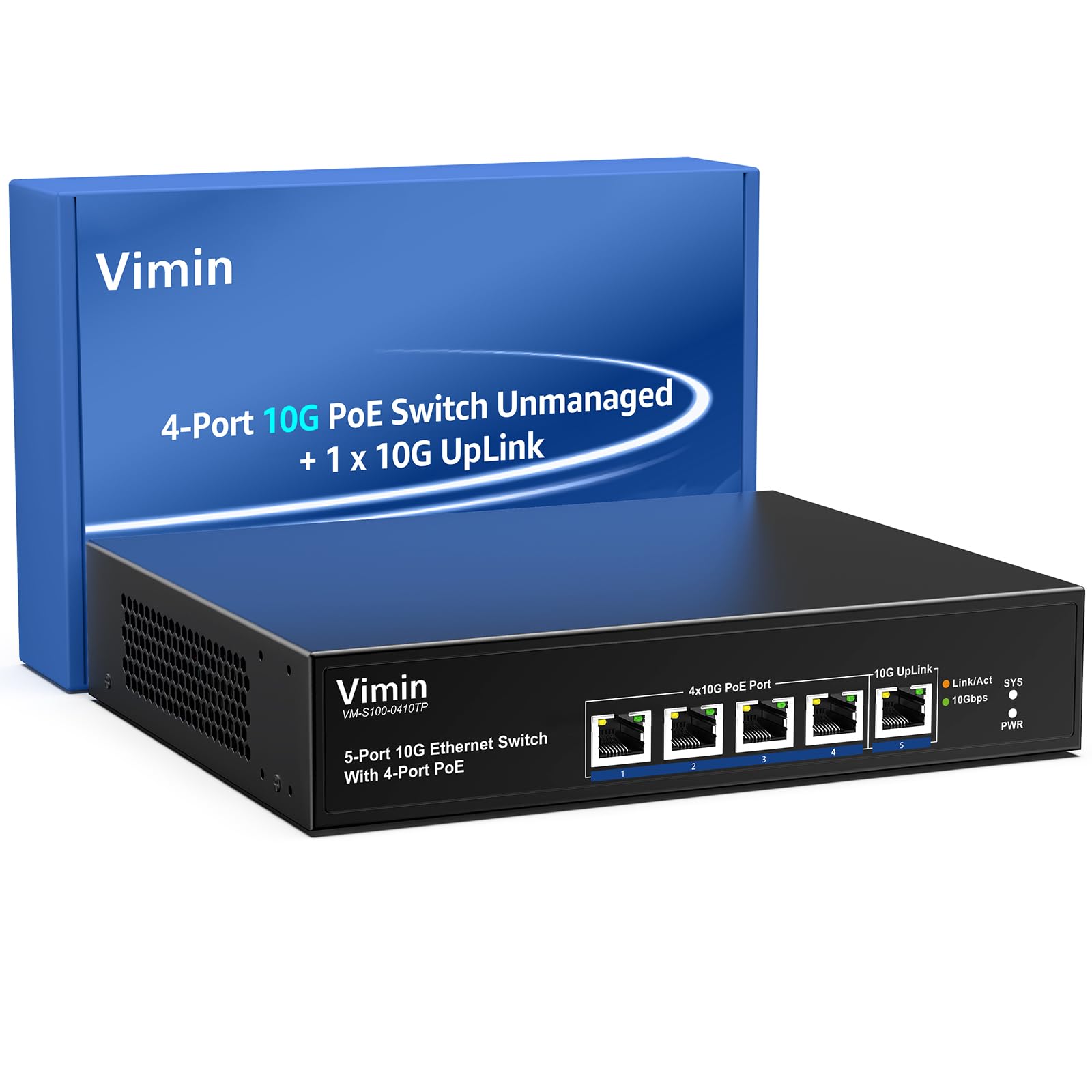 Photo 1 of 4-Port 10G PoE Switch with 10G Uplink Port, VIMIN 4-Port 10Gbe PoE Network Switch, Auto-Negotiation, for 10G NAS Network, Support IEEE802.3af/at, Plug & Play, 65W, 100Gbps Switching Capacity