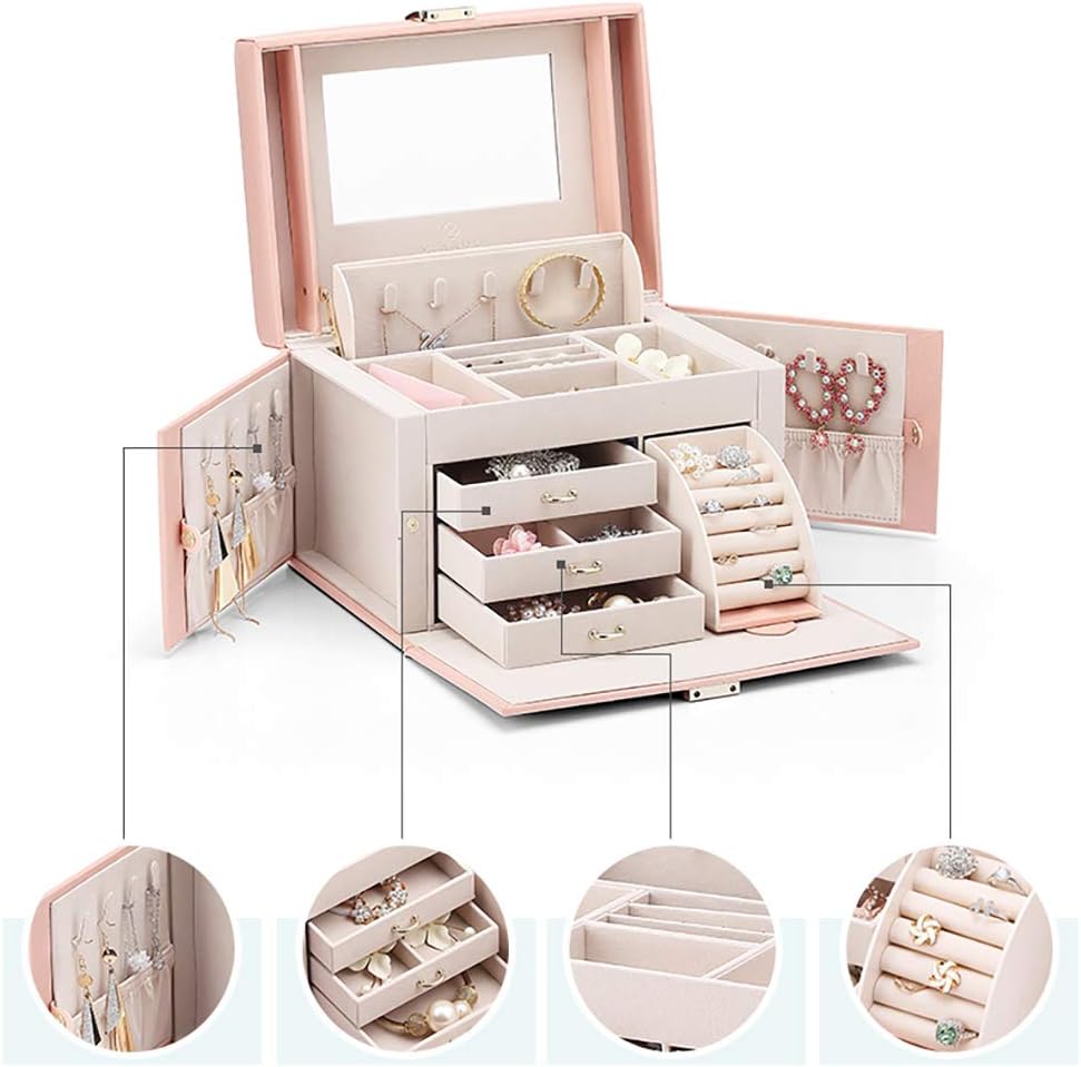 Vlando Mirrored Jewelry Box Organizer for Girls Women Vintage Gift Case - Faux Leather Jewelries Storage Display Holder, Pink: Home & Kitchen