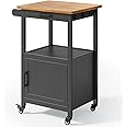 Qsun Kitchen Island Cart on Wheels with Drawer, Storage Cabinet, Shelf and Side Hook, Rolling Kitchen Cart with Rubber Wood Countertop, Microwaves Stand for Small Space, Black