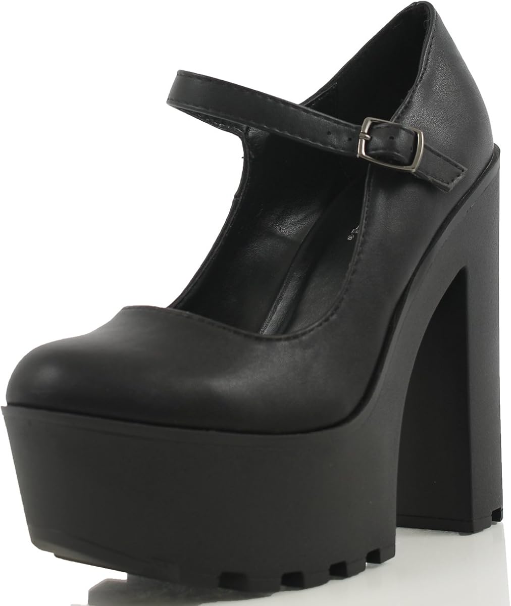 Amazon.com | SODA Women's Grape Faux Leather Mary Jane Lug Sole Platofrm High Heel, Color:Black 