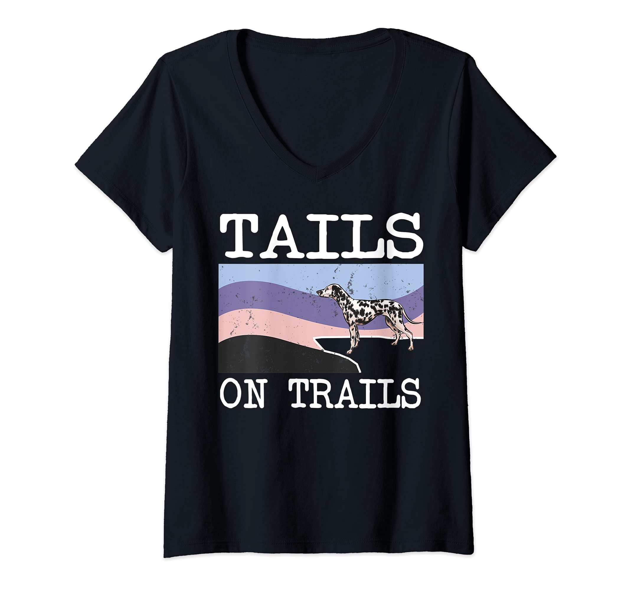Womens Dalmatian Tails On Trails Funny Dog Hiking V-Neck T-Shirt