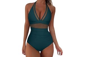 YHIWU One Piece Swimsuit Women,Womens Sexy V Neck Mesh One Piece Bathing Suit Halter Push Up Tummy Control Swimsuit Swimwear