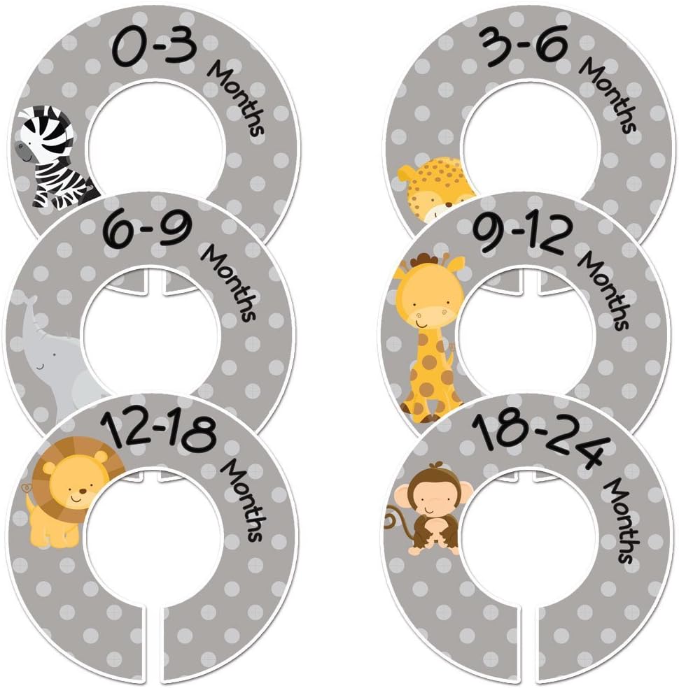 Baby Closet Dividers Boy Nursery Clothing Closet Size Organizer Set of 6 Safari Animals (Gray, 1.25" Rod)