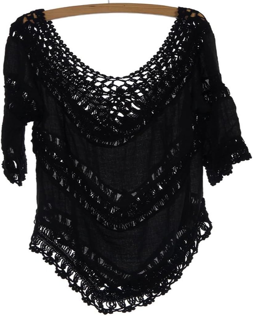GAOKE Sexy Women's Slim Crochet Beach V Neck Long Sleeve Dress Tops Blouse Smock Black