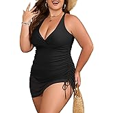 B2prity Women's Plus Size One Piece Swimdress Swimsuit Tummy Control Slimming Swim Dress Mesh Drawstring Skirted Bathing Suit