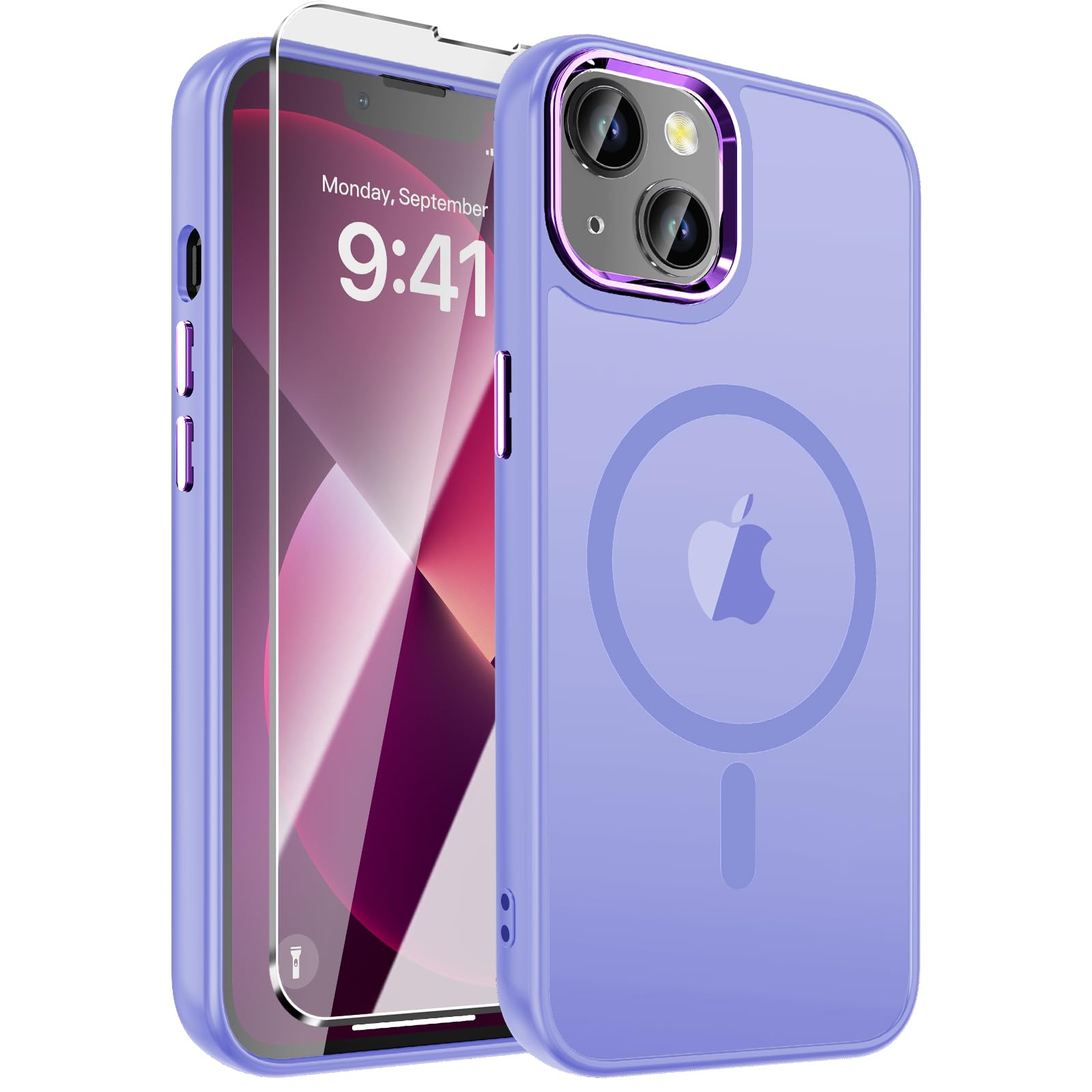 Photo 1 of WRJ Magnetic Case for iPhone 13,iPhone 14 Case with Screen Protector, Magnetic Translucent [Compatible with Magsafe] Slim Anti-Fingerprints Shockproof Protective Cover for Women Men-Light Purple