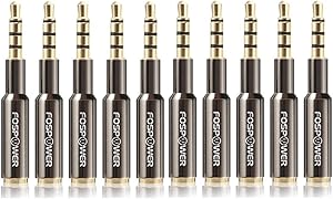 FosPower 3.5mm Male to 3.5mm Female Auxiliary 4-Conductor TRRS Stereo Audio Adapter [24K Gold Plated Connectors] for Apple, Samsung, Motorola, HTC, Nokia, LG, Sony & More (10 Pack)
