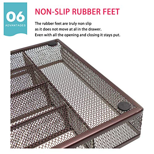 IRSHOME Sturdy Utensil Drawer Organizer, Cutlery Tray, Silverware/Flatware Storage Divider for Kitchen, Mesh Designing with Non-slip Rubber Feet, 5 Compartments, Brown-2 Pack