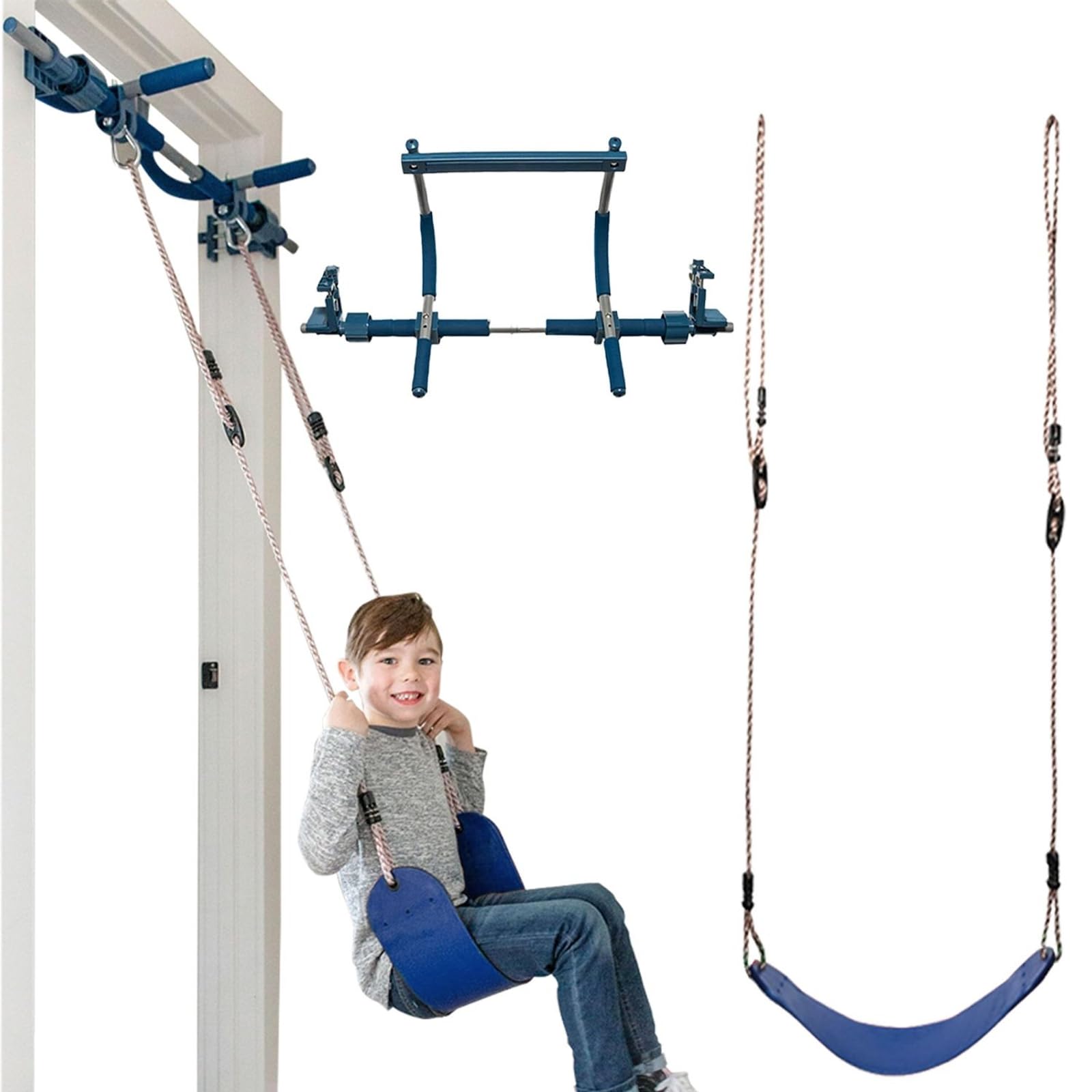 Photo 1 of Gym1 Doorway Swing & Pull-Up Bar Gym - Pull-Up Bar Strength Training & Kids Exercise Equipment - Sensory Swing & Rope Ladder Indoor Playset - Indoor Playground for Kids - 2-Piece, Blue