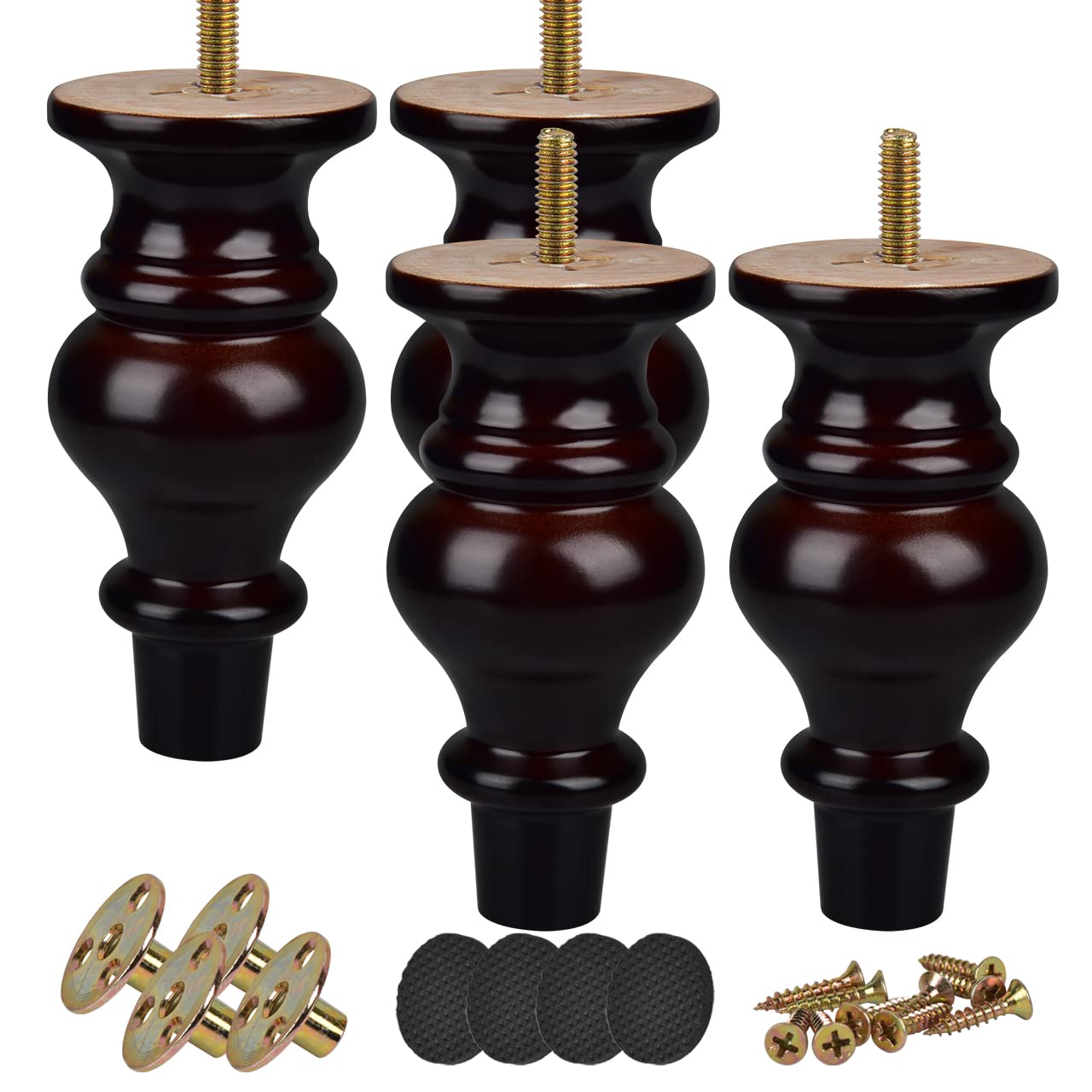 6 inch Solid Wood Furniture Legs, Btowin 4Pcs Turned Wooden Bun Feet with Threaded 5/16'' Hanger Bolts & Mounting Plate & Screws for Sofa Couch Cabinet Armchair