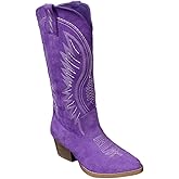 Fomoti Women's Western Cowboy Boots - Embroidered Ankle Booties with Chunky Block Heel, Side Zipper Suede Cowgirl Boots for Country Concert