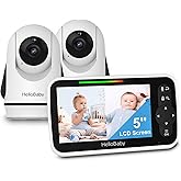 HelloBaby Video Baby Monitor with 2 Cameras and 5 Inch Split Screen Display, Remote Control Cameras with Night Vision and Tem