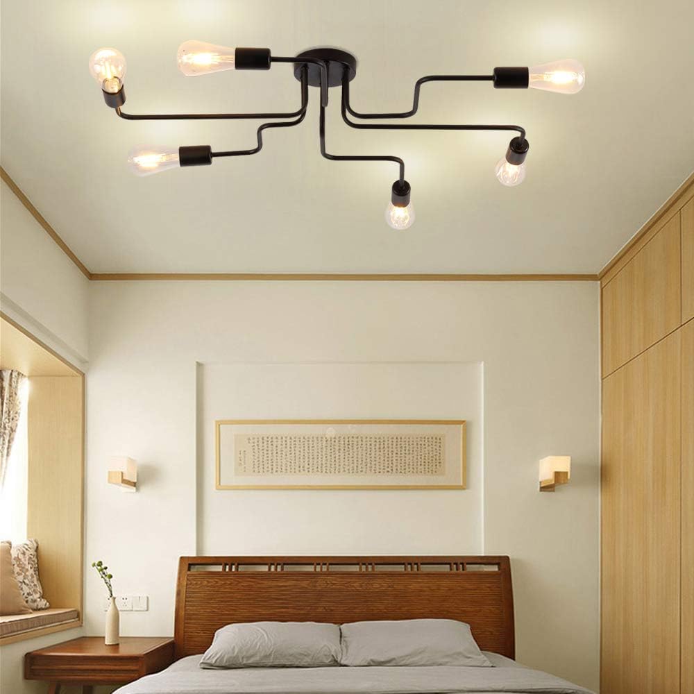 ZEEFO Flush Mount Ceiling Light Modern Art Vintage Sputnik Design Chandelier Metal Black Industrial Lighting Fixtures with 6 Lights E26 Bulb Base Suitable for Kitchen, Dining Room, Bedroom - - 