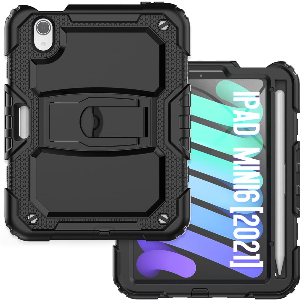 Case Suitable for iPad Mini 6th Generation 8.3 Inch 2021 with Invisible Folding Stand, Heavy Duty Rugged Shockproof Protective Case with Pencil Holder, Black