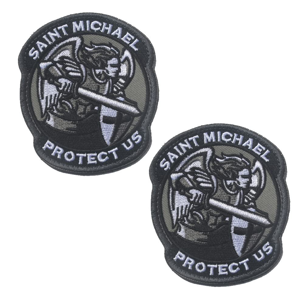 2 Pcs Saint Michael Protect Us Hook and Loop Embroidered Patch Tactical Military Army Combat Patch for Clothes Clothing Jacket Jeans Unifrom Backpack Bags Vest Harness