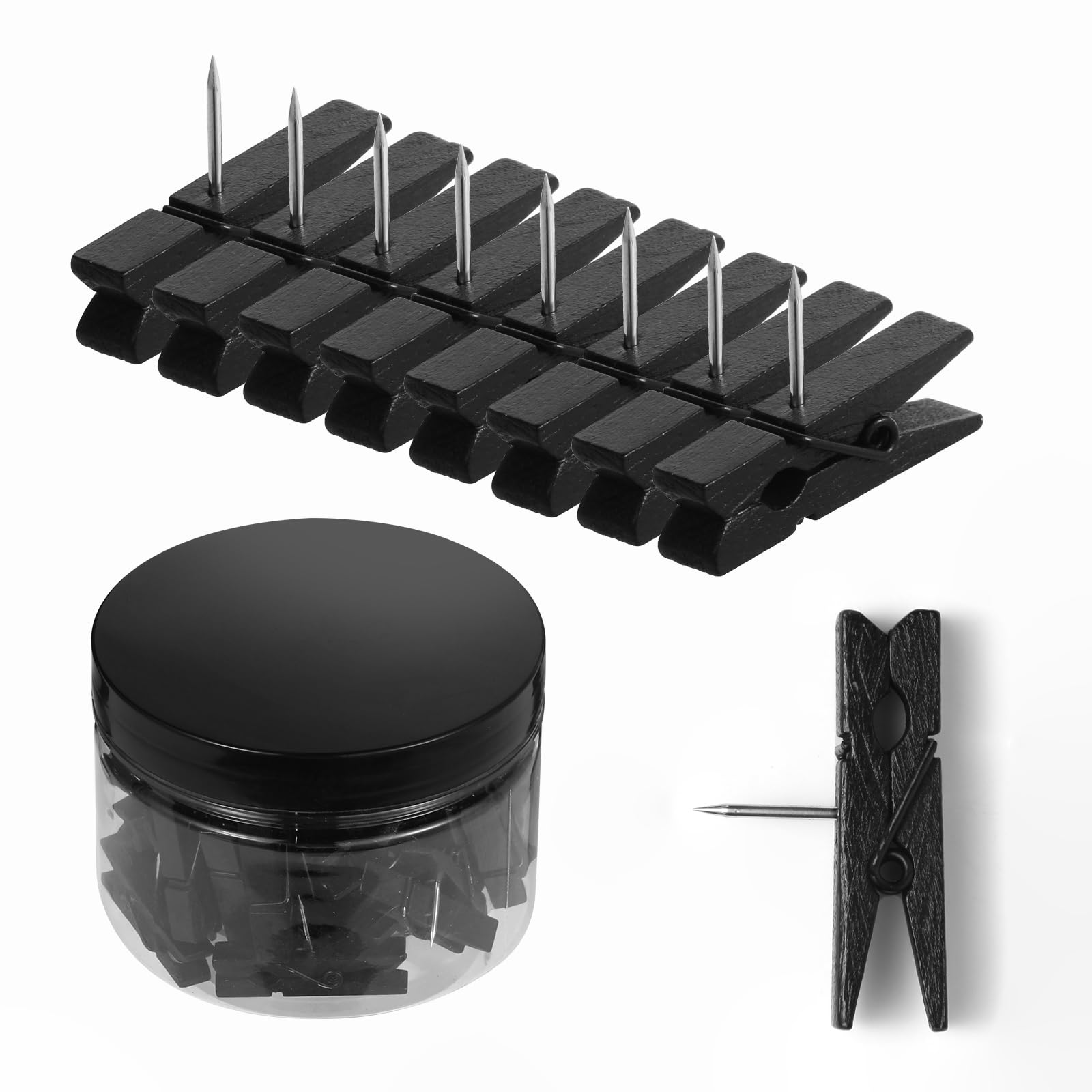 Photo 1 of ?ZYFOFFICE 50-Pack Black Push Pins with Spring-Loaded Wooden Clips, Damage-Free Cork Board Tacks for Artwork, Photos & Notes (No-Mark Design)