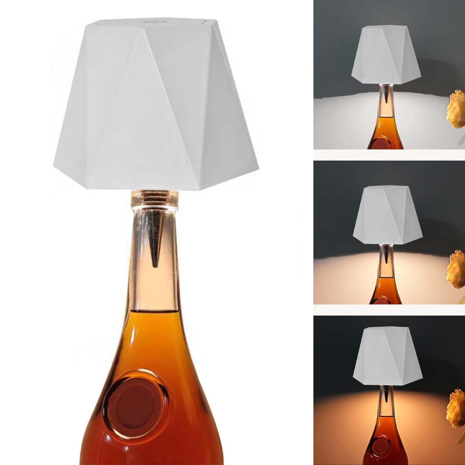 XhuangTech Wireless Wine Bottle Lamp, LED Wine Bottle Lampshade 3 Colours Stepless Dimming with USB Rechargeable, Touch Embedded Bottle Top Lights with Shade for Bars, Pubs, Tables, Bedroom (White)