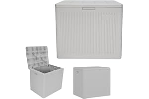 Suncast 22-Gal. Waterproof Resin Small Outdoor Patio Deck Box with Reeded Design, Modern Outdoor Patio Bench/Storage Box for Cushions, Garden Tools, and More, French Gray