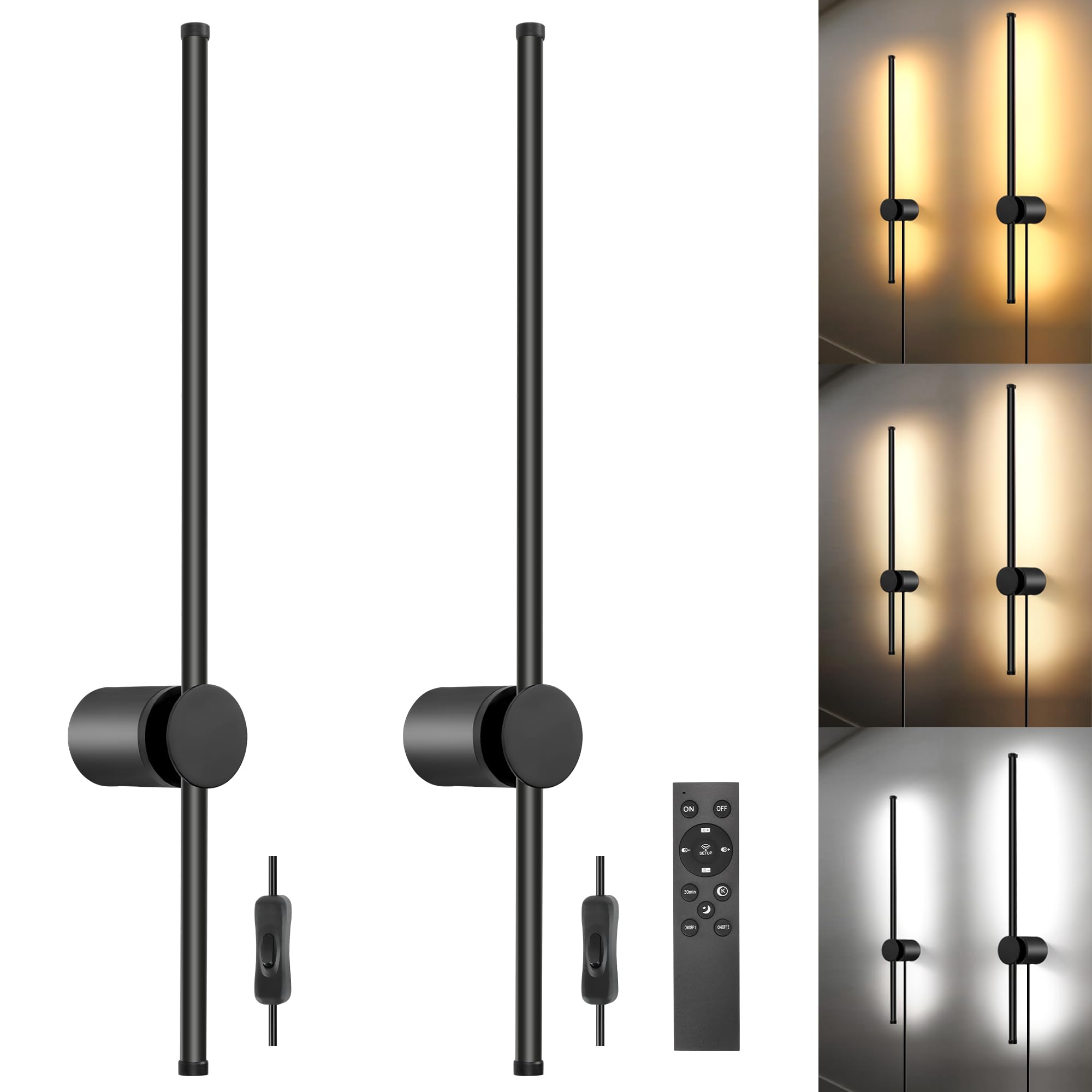 Photo 1 of GOODATE Wall Sconces Set of Two with Remote, Stepless Colors 3000K-6500K & Stepless Dimming, Hardwire or Plug-in, 180° Rotate, LED Black Plug in Wall Sconces with Timer & Night Light, 23.6 Inches