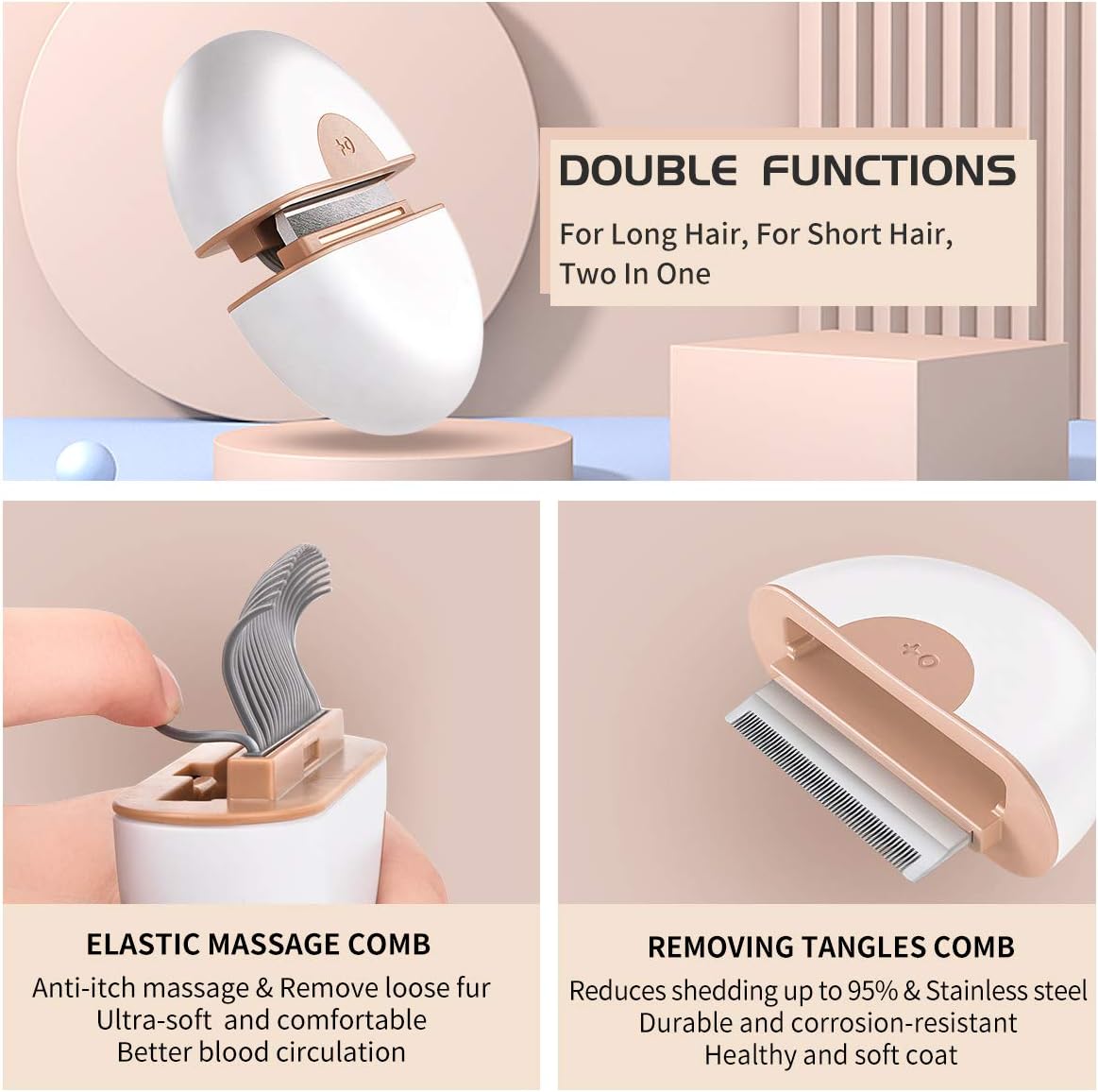 Cat Hair Removal Comb Dog Grooming Brush 2 in 1 Pet Massage Shedding Brush Portable Self Cleaning Tools for Short Long Haired Puppy & Kitten & Rabbit & Little Pets
