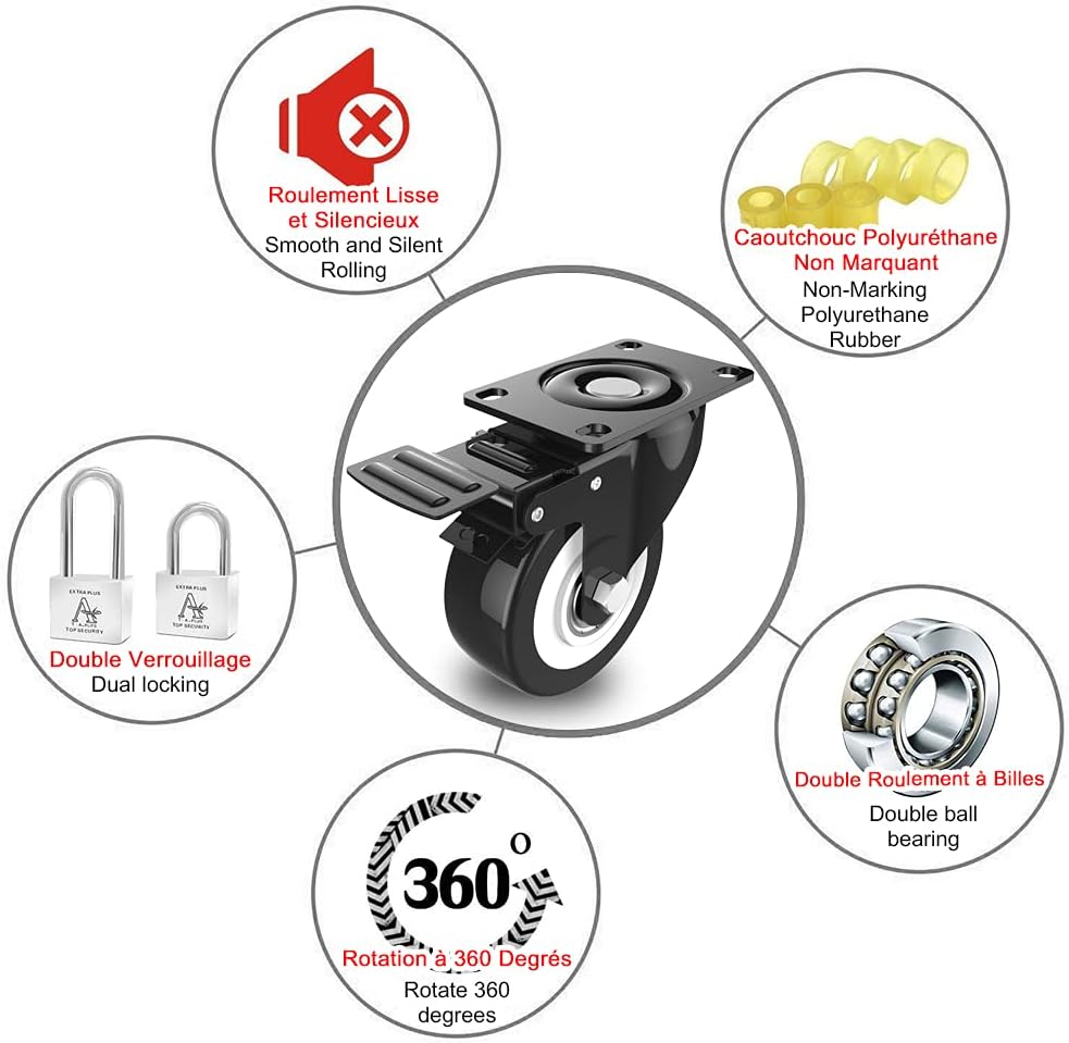 2" Swivel Caster Wheels with Safety Dual Locking and Polyurethane Foam No Noise Wheels, Heavy Duty - 150 Lbs Per Caster (Pack of 4): Industrial & Scientific