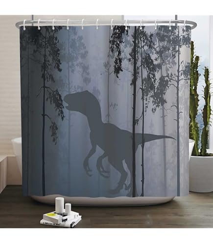 HGOD DESIGNS Dinosaurier-Duschvorhang-Set – Wasserdicht, 183x183 Cm, Mit 12 Haken (Fossil-Muster)