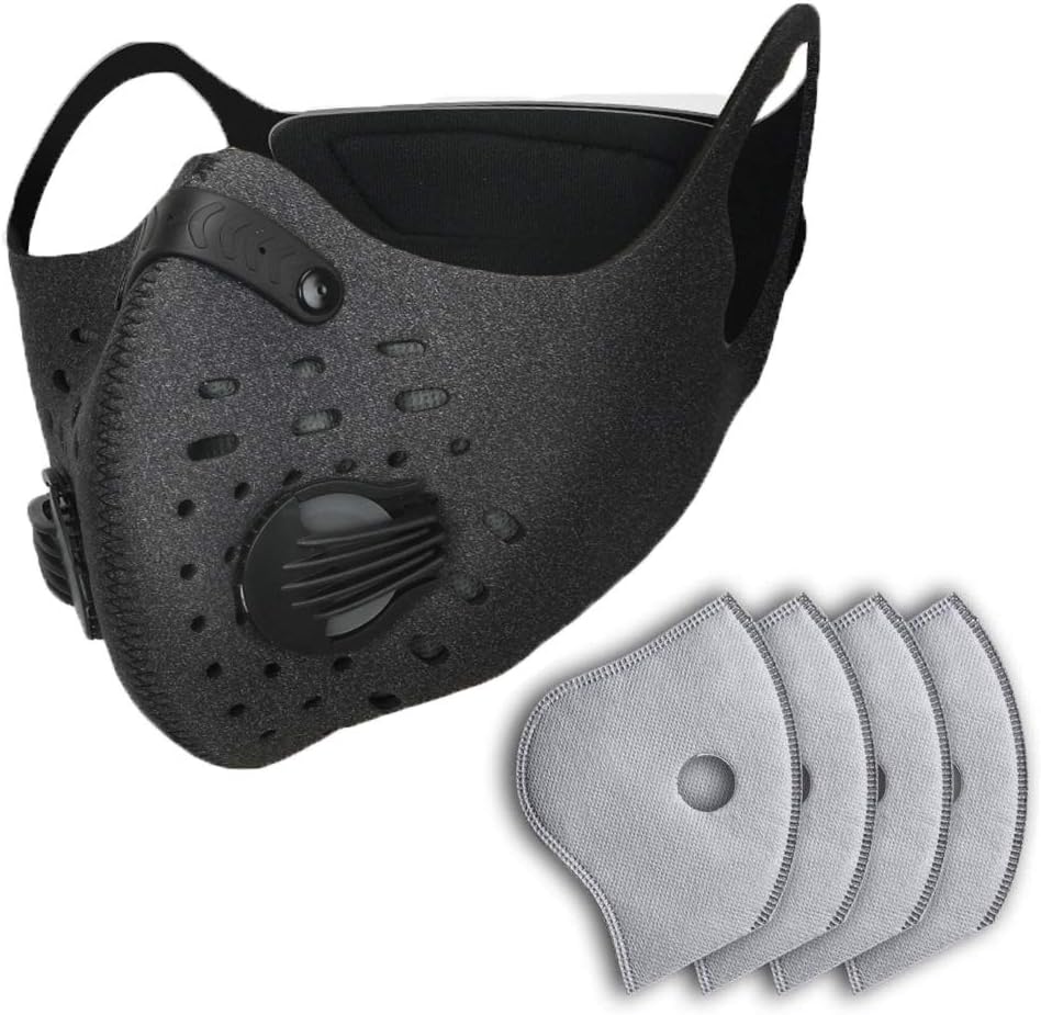 Dust Mask Cycling Mask with 2 Valves and 4 Activated Carbon,for Running, Biking, and Woodworking Mowing Sawdust Outdoor Activitie(Black-nylon)
