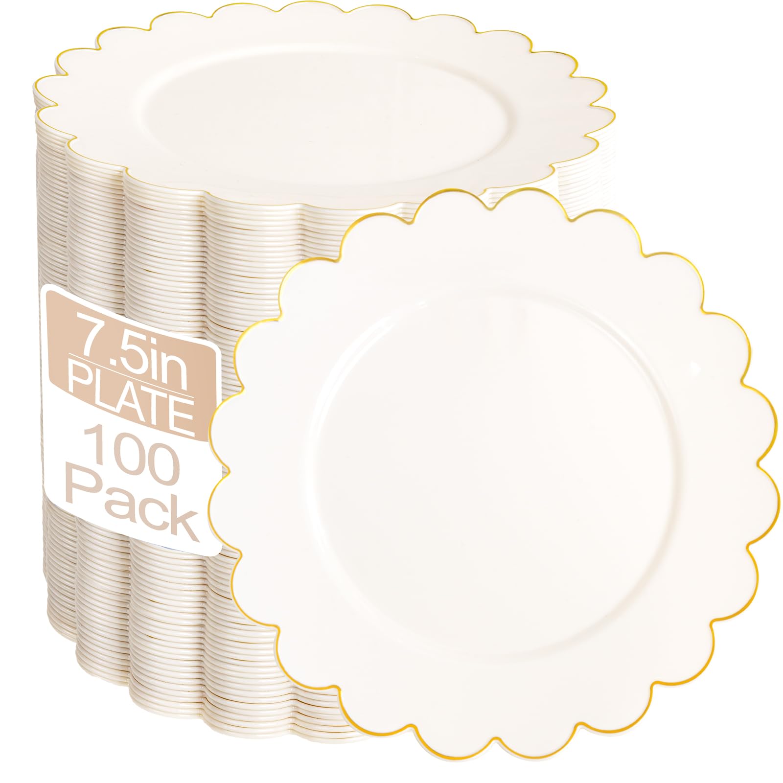 Photo 1 of LIYH 100 Pcs Ivory Plastic Plates with Gold Rim- Dessert Plates 7.5" Disposable Scalloped Fancy Gold Plastic Plate, Baby Shower Cake Plate Party Tableware Dishes