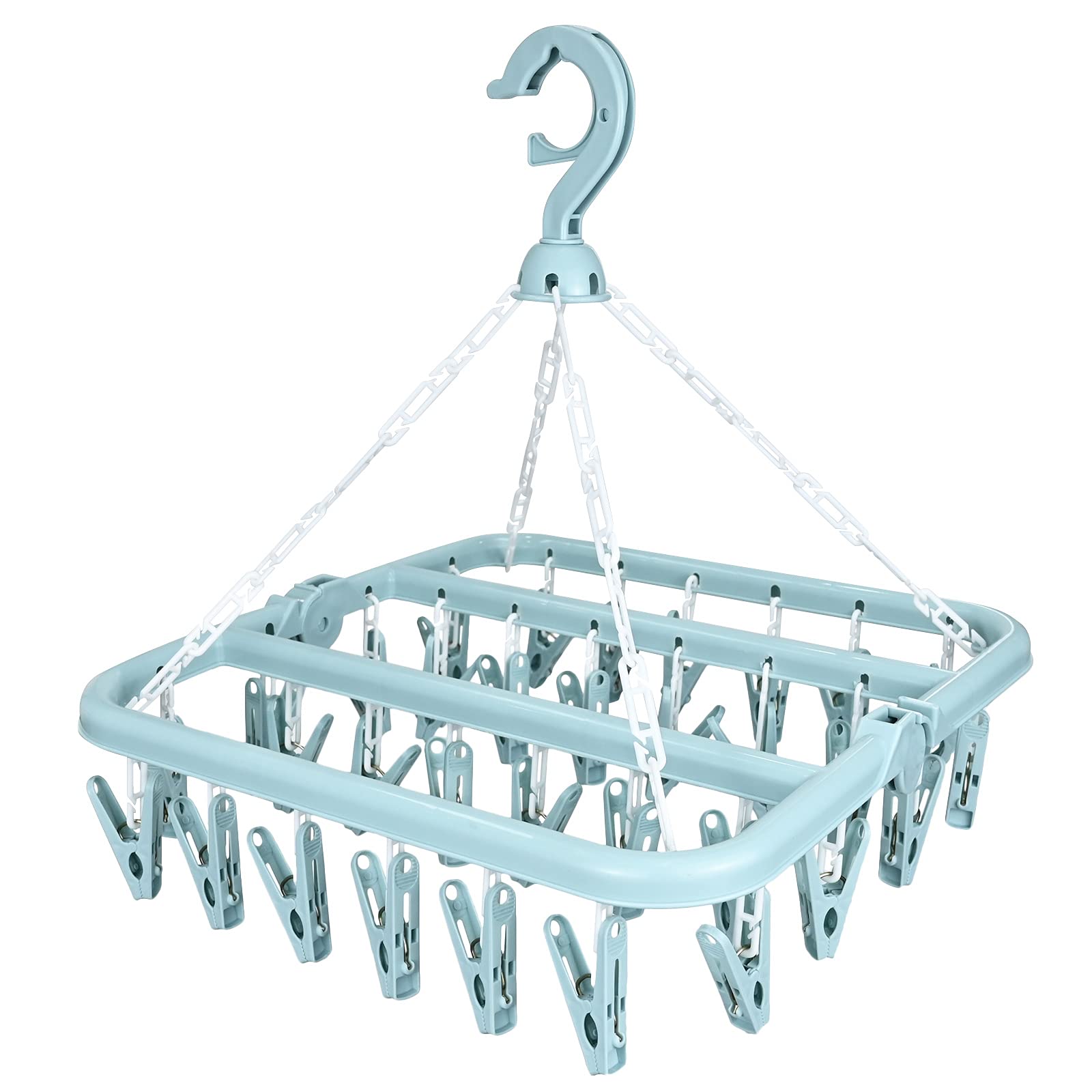 Sock Dryer, Sock Drying Rack with 32 Pegs Laundry Drip Hanger, Foldable Indoor Hanging Dryer with Windproof Hook Clips Drying Rack for Socks Underwear Shoe Insoles Baby Clothes Gloves Hats(Blue)