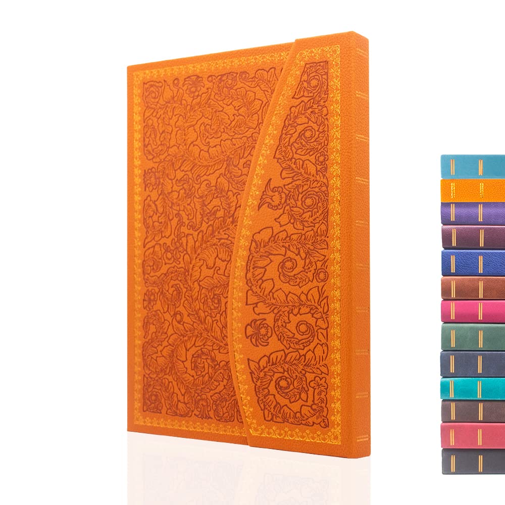 VICTORIA'S JOURNALS Magnet Journal, Carving Vintage Notebook Faux Leather Hard Cover Personal Diary Lined Pages Ribbon Bookmark, 8'' x 5.7'', ONB2012, Orange