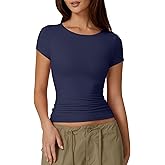 QINSEN Women's Crew Neck Short Sleeve Tees Double Lined Slim Fit T Shirt Basic Y2K Tops