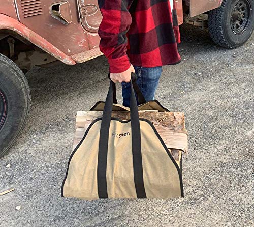 Firewood Log Carrier (Waxed Canvas) Water Resistant Tote with Padded Handles - Thumbnail 2