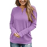 TICTICMIMI Women's V Neck Long Sleeve Tops Lightweight Sweatshirts Button Fall Shirts