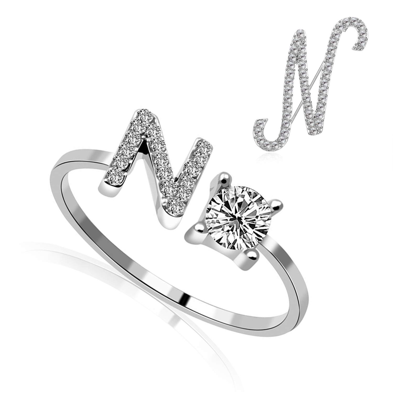 RINHOO Initial Knuckle Rings and Brooch Pin Silver Crystal 26 A-Z Letter Alphabet Adjustable Ring for Women Girl Jewelry, Crystal