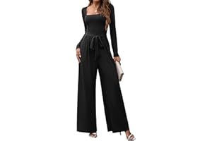 LOOKBOHO Jumpsuits For Women Dressy Long Sleeve Square Neck Casual Belted Wide Leg Long Pants Romper One Piece Outfits