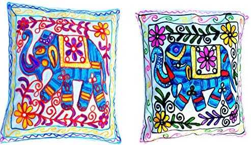 Handcrafted Woolen threads Embroidery Printed Cushion Covers Set of 2 -Throw Pillow Covers Cotton Fabric Indian Home Furnishing Decorative 16x 16 Inch-UP-CC016