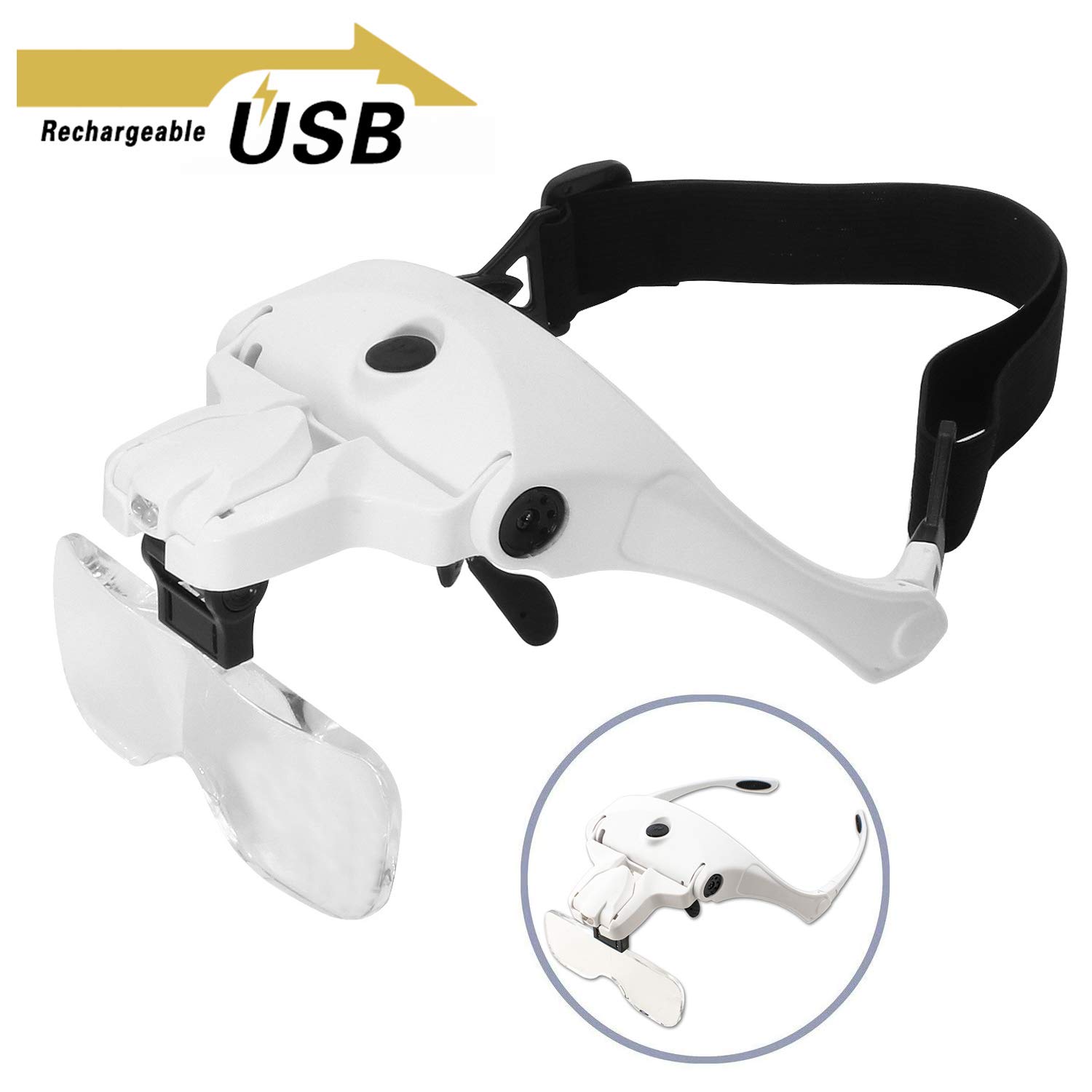 Bysameyee Lupa con Luz para Trabajar de Cerca, Visor de Lupa Recargable Iluminado Montado en Cabeza con 2 LED Lupa de Joyero y Diadema Intercambiable para Lectura, Trabajo Joyería, Reparación Relojes