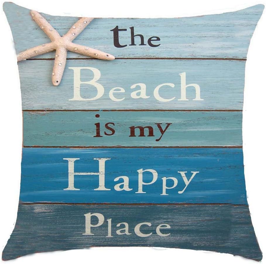 Refreshing summer The beach is my happy place Cotton Linen Throw pillow cover Cushion Case Holiday Decorative 18"X18" inch (2)