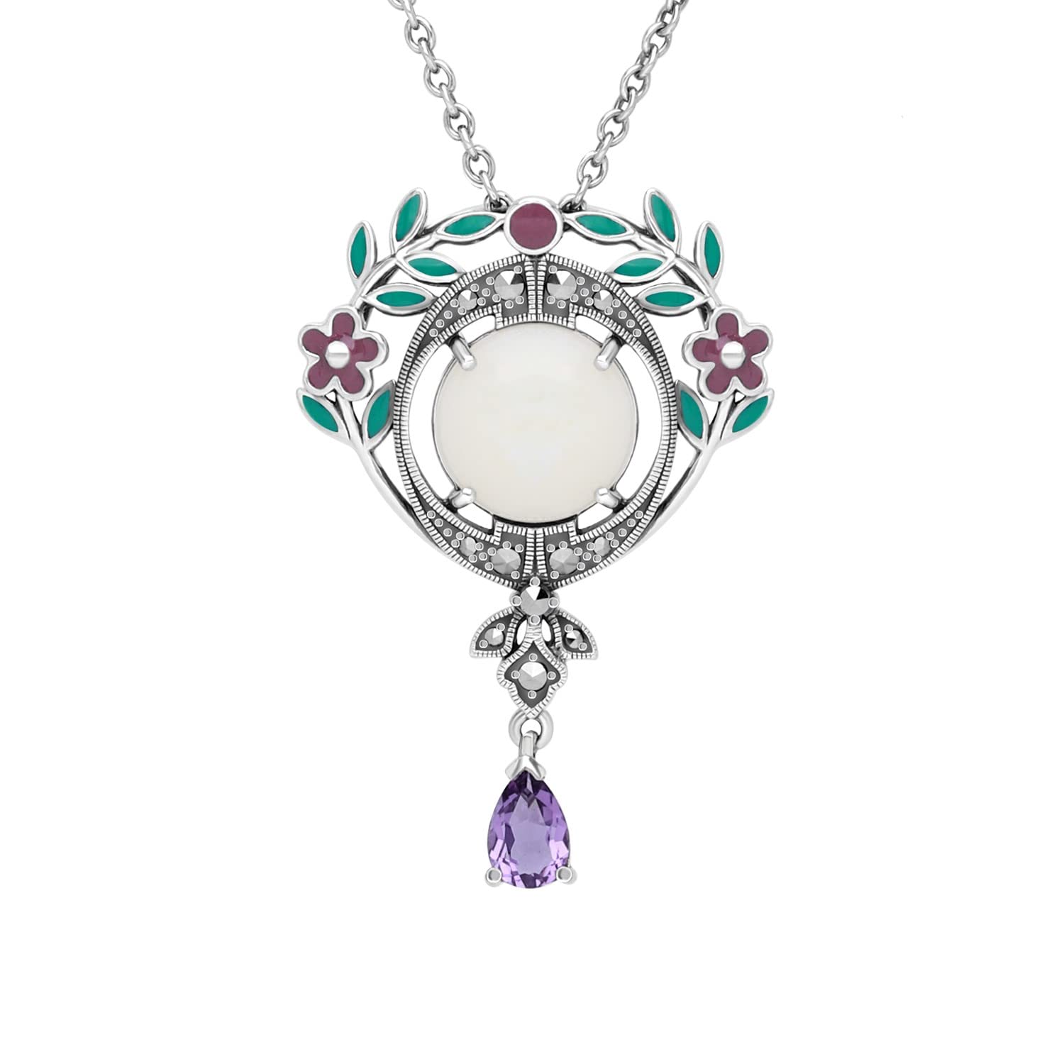 Esse Marcasite Sterling Silver Amethyst Opal & Marcasite Art Nouveau Enamelled Drop Necklace