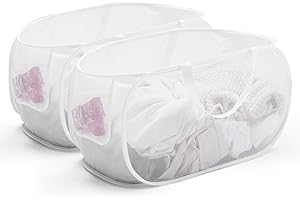 TECHMILLY Mesh Pop Up Laundry Basket with Strong Handles, Large Opening Collapsible Clothes Hampers, Portable & Easy for Use (2 Pack, White)