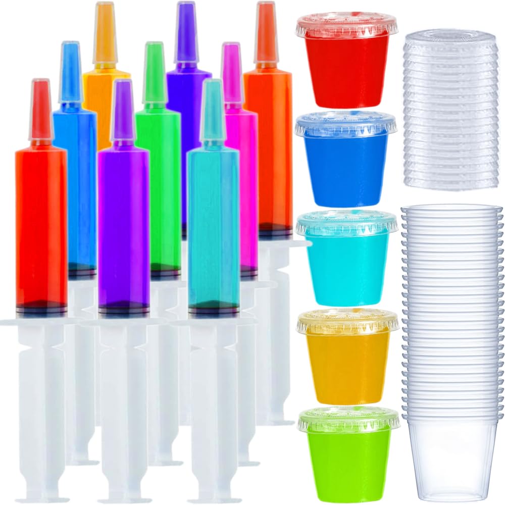 Photo 1 of 100 Pack Jello Shot Syringes with Caps, Jello shots Cups with Lids Set Drink Containers Suringes Shooters for Jello Shot,Halloween,Bachelorette Parties,Nurses,Graduation Party